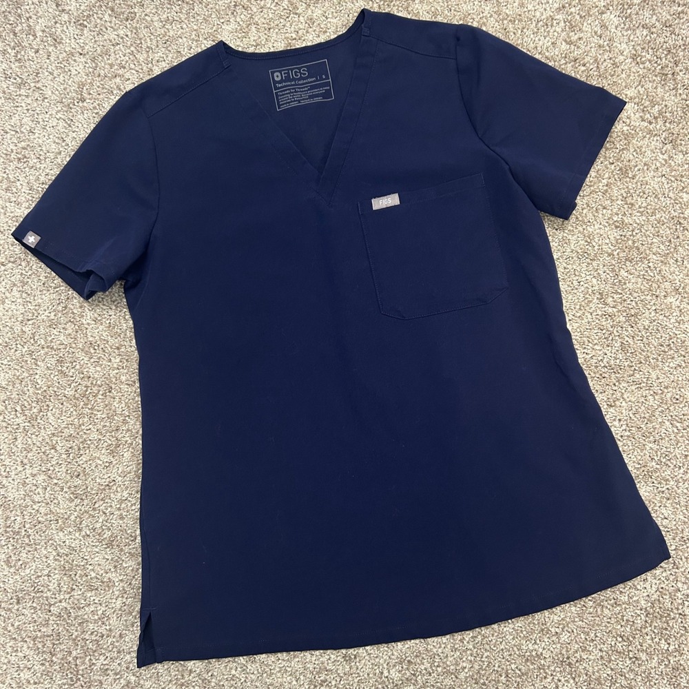FIGS Technical Collection V-Neck Scrub Top Women Small Navy Blue Pocket